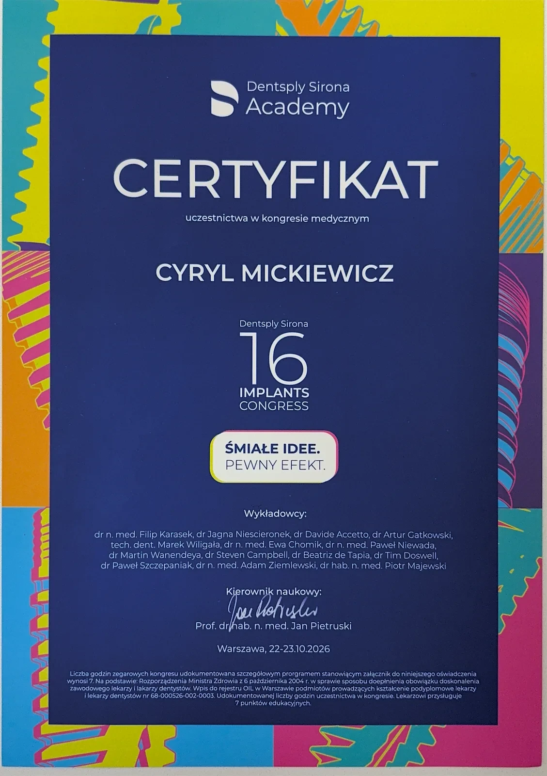 Сертыфікат Dentsply Sirona 16 Implants Congress 2026, Варшава